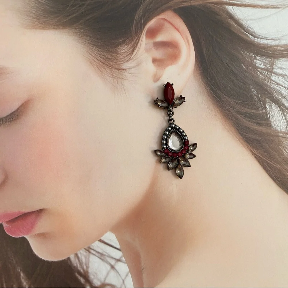 3/$20 Elegant Red Grey Jeweled Drop Earrings